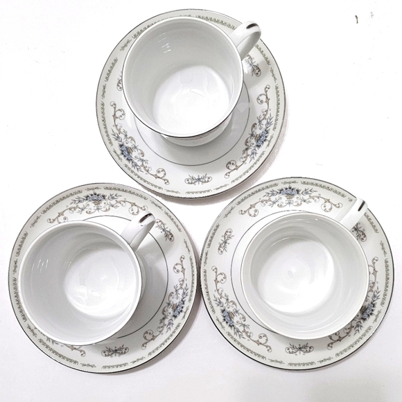 Diane by Fine China of Japan Blue Flower Scrolls - Set of 3 Footed Cups+Saucer - Picture 5 of 16